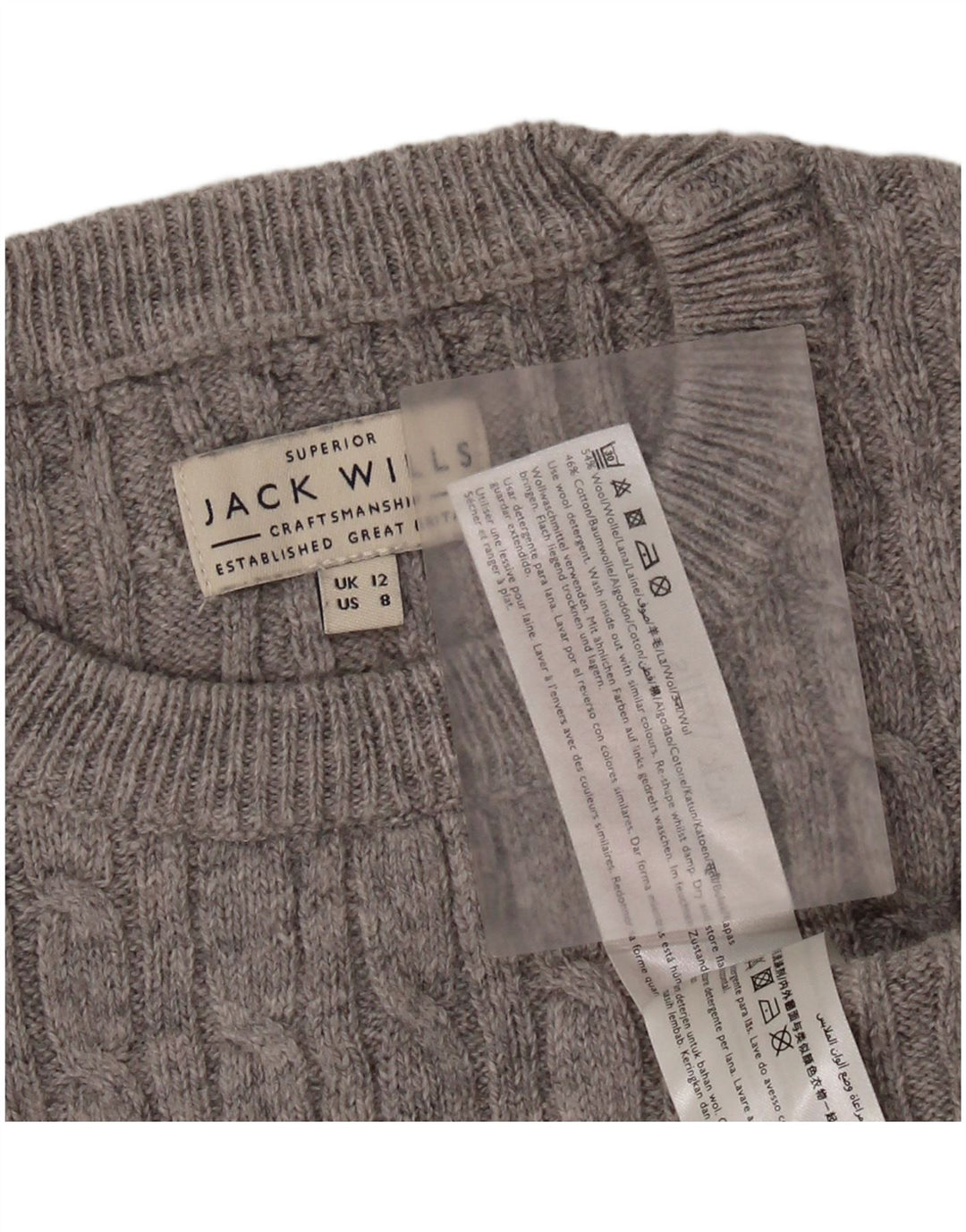 JACK WILLS Pulover crop pentru femei cu decolteu rotund UK 12 Lână gri mediu