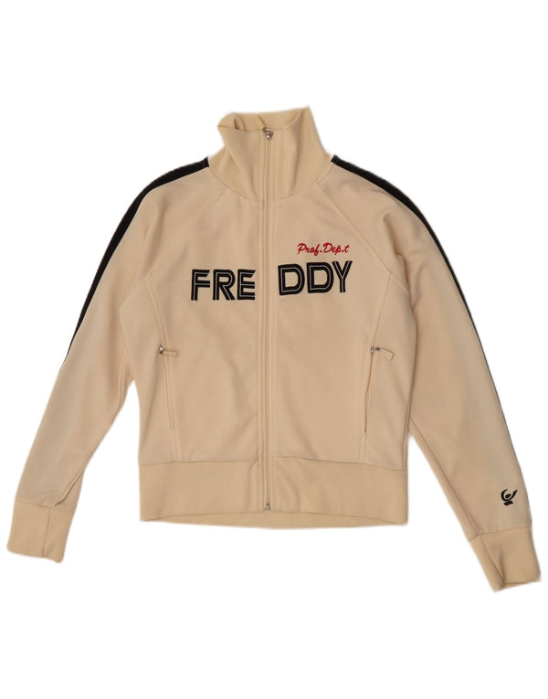 Jachetă de top pentru trening cu grafică crop Freddy pentru femei UK 14 Bej mediu