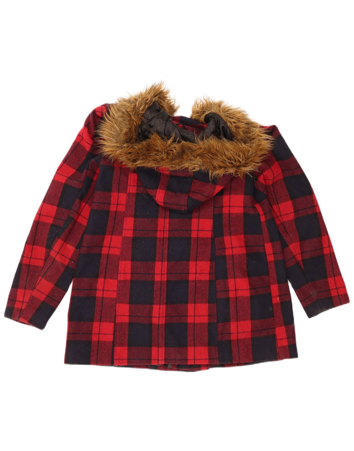 Jachetă duffle cu glugă pentru femei Miss Selfridge UK 10 Small Red Check Wool