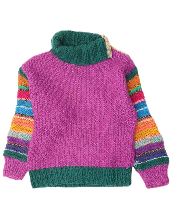 Pulover vintage pentru femei cu gât rulat, UK 12 Roz mediu Colorblock