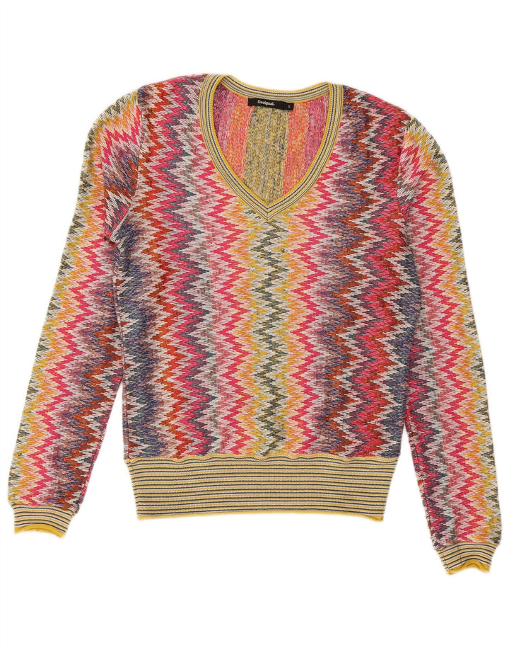 DESIGUAL Pulover cu decolteu în V pentru femei UK 10 Chevron mic multicolor