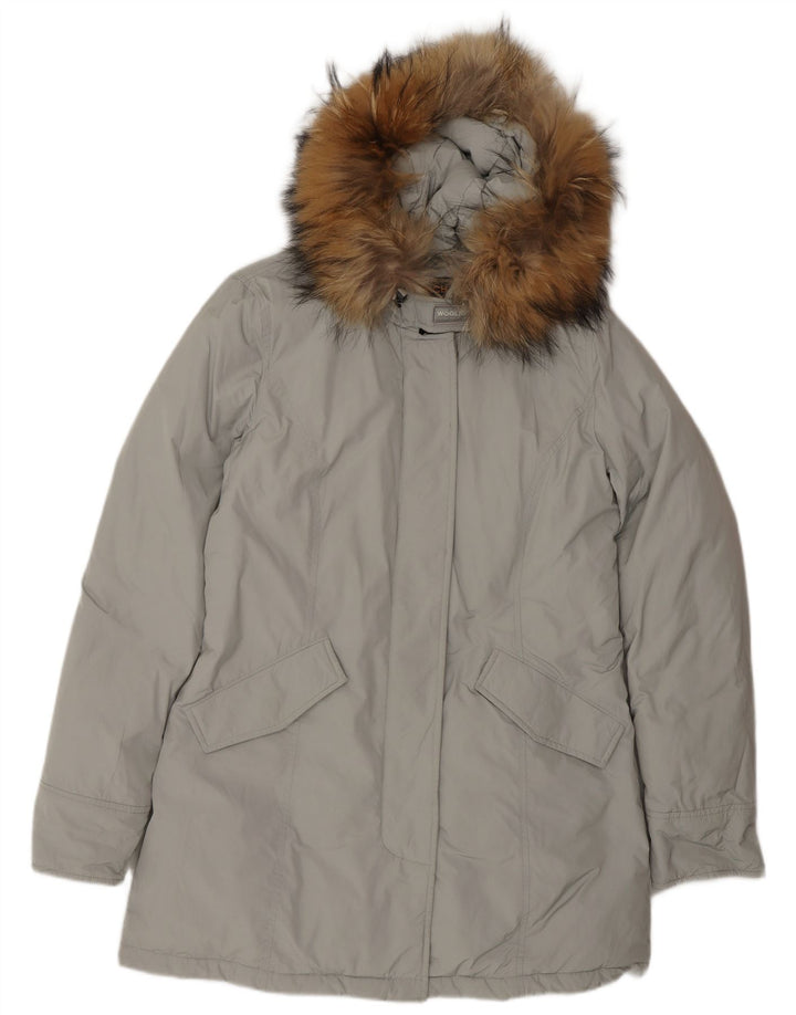 Jachetă parka cu glugă Woolrich pentru femei UK 16 mare, gri poliester iarnă