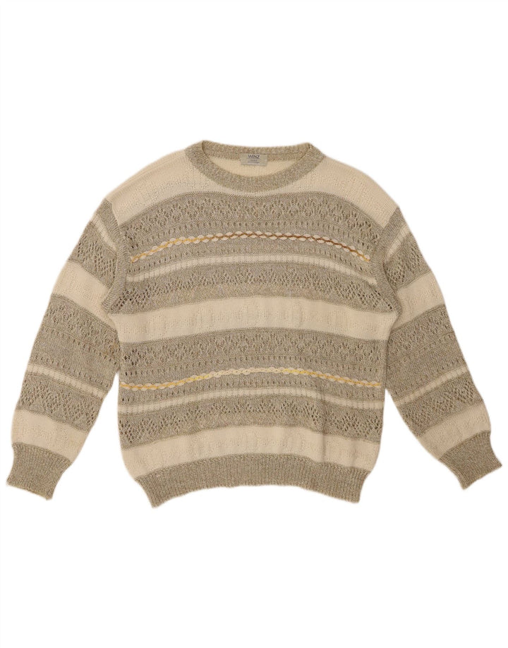 Pulover pentru femei VINTAGE cu gât de barcă UK 14, bumbac cu dungi mari, bej