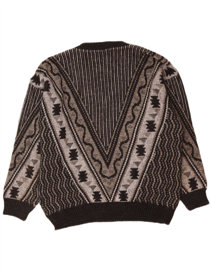 Pulover vintage pentru bărbați cu decolteu în V, mare, gri geometric
