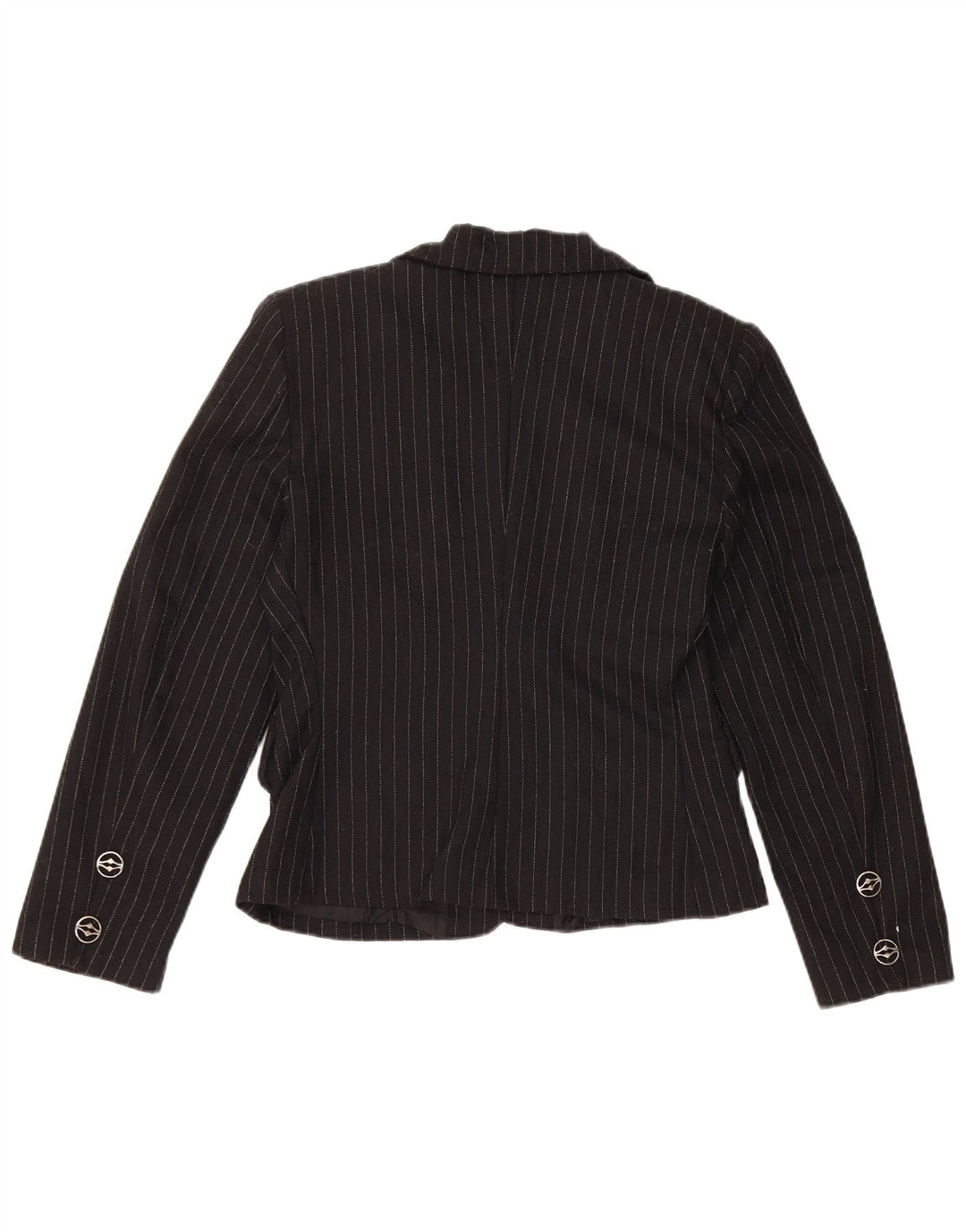 Jachetă vintage pentru femei cu 3 nasturi, UK 10, viscoză, neagră, cu dungi