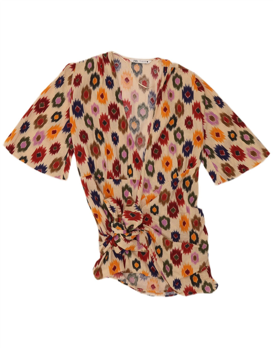 Top cu tunică cu cravată în față pentru femei Zara UK 14, bumbac ikat, bej mediu