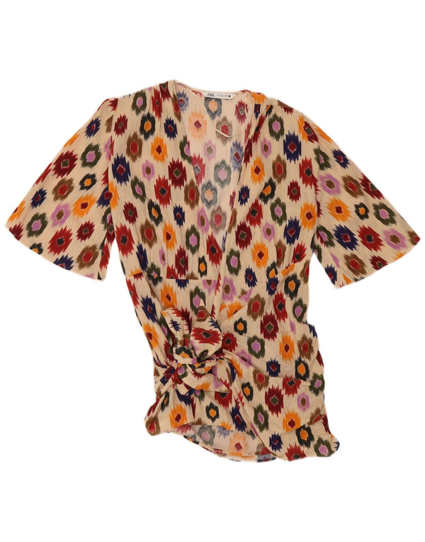 Top cu tunică cu cravată în față pentru femei Zara UK 14, bumbac ikat, bej mediu
