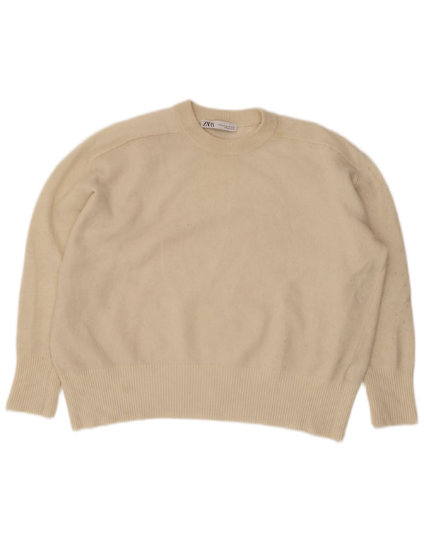 Zara Womens Oversized Crew Neck Jumper Sweater UK 6 XS Beige Wool