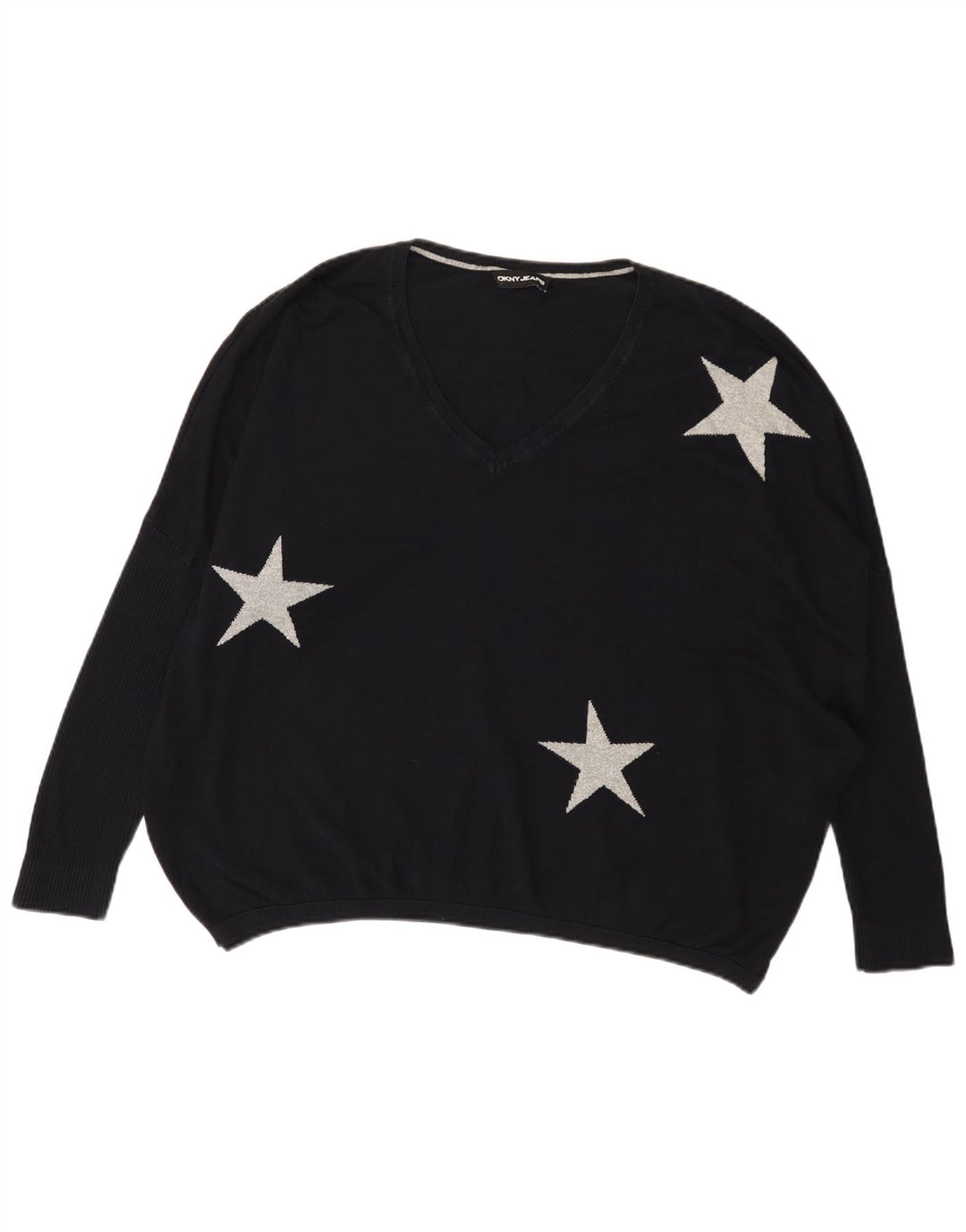 Dkny Pulover cu decolteu în V cu grafică supradimensionată pentru femei UK 14 Large Negru