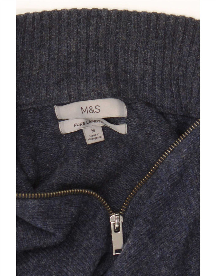 Pulover pentru bărbați Marks & Spencer, cu fermoar, cu gât, lână de miel, albastru, mediu