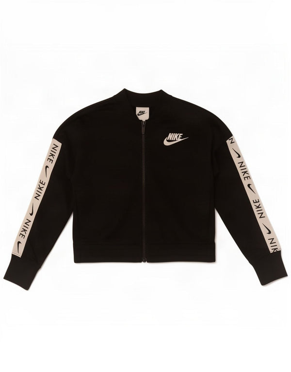 Nike Girls Graphic Tracksuit Top Jacket 8-9 Years Small Black Colourblock