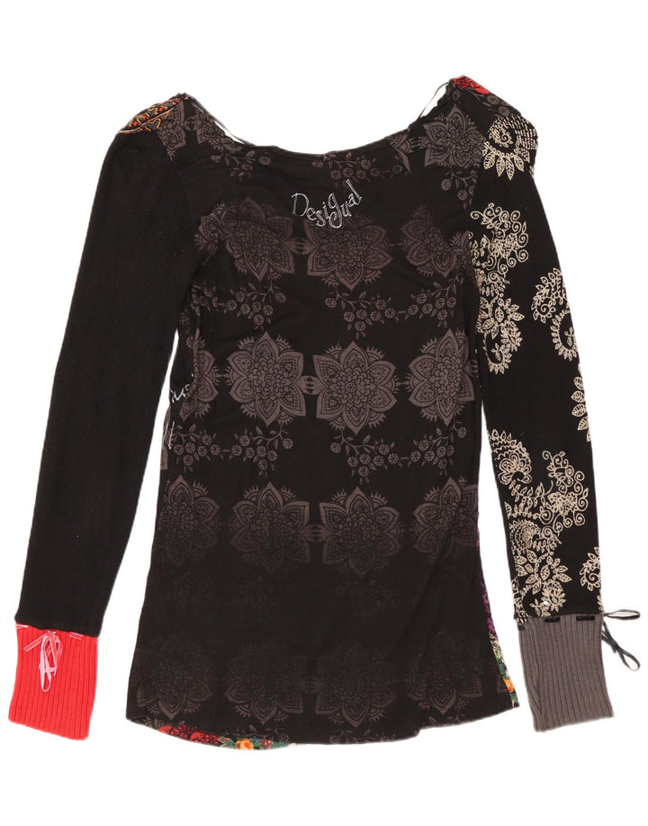 DESIGUAL Top grafic pentru femei cu mânecă lungă UK 12 Medium Black Floral Bumbac