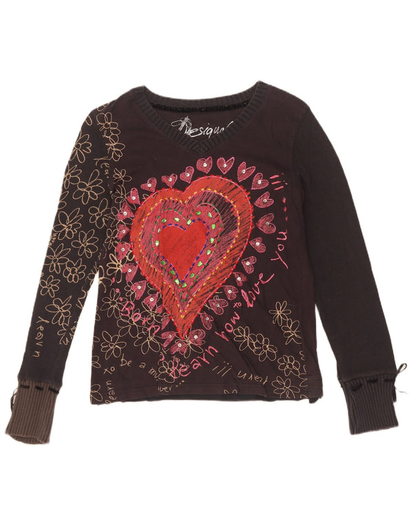 Top grafic pentru femei Desigual cu mânecă lungă UK 18 XL, negru, floral, bumbac, inimă