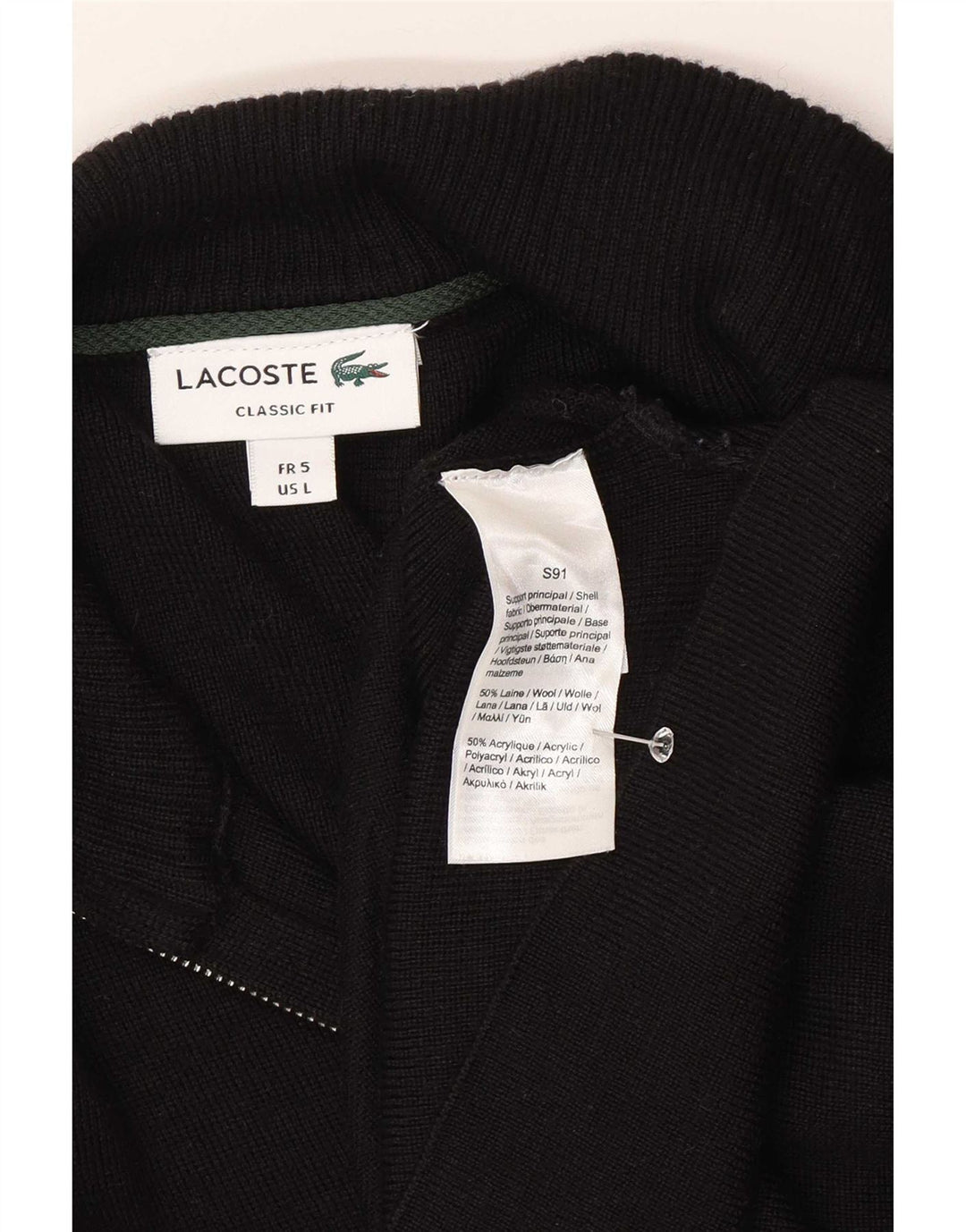 Pulover cardigan Lacoste pentru bărbați, cu tăiere clasică, mărimea 5, lână neagră mare