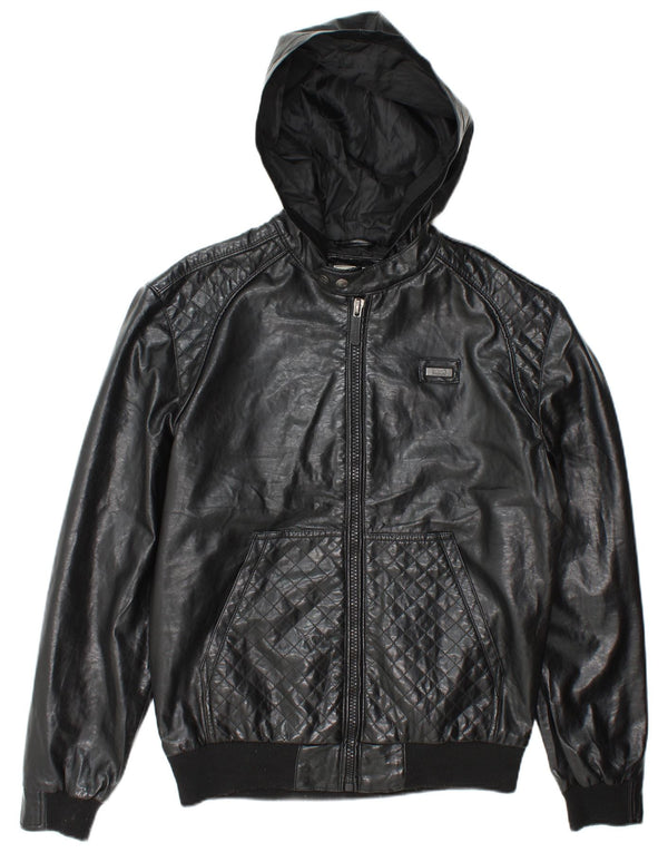 Jachetă bomber din piele artificială pentru bărbați cu glugă Ecko Unltd UK 38 Medium Black