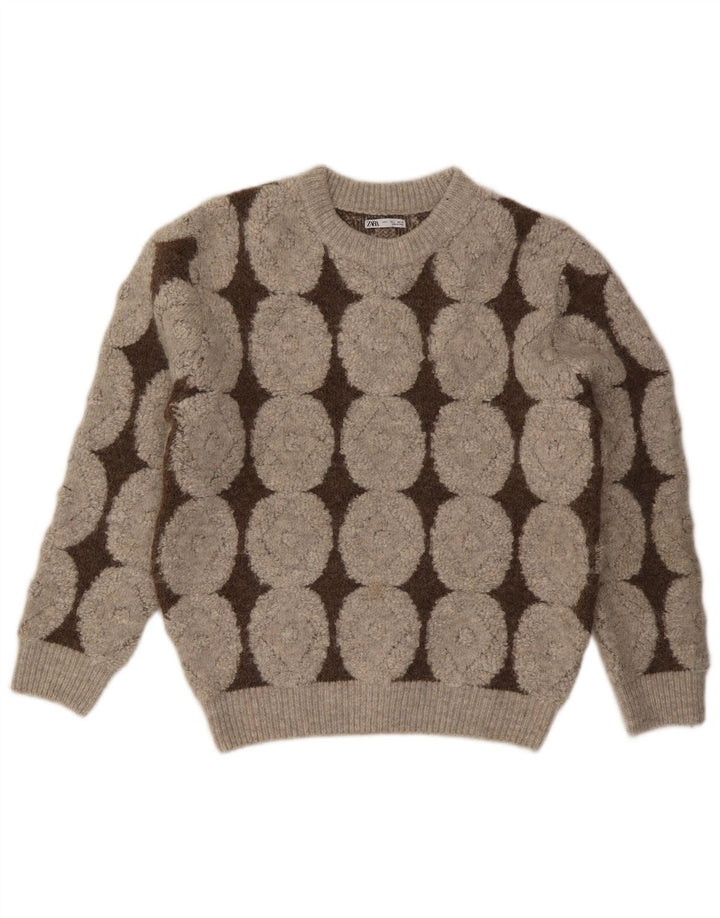Pulover pentru damă Zara, cu gât turnut, UK 16, mare, poliester geometric, bej