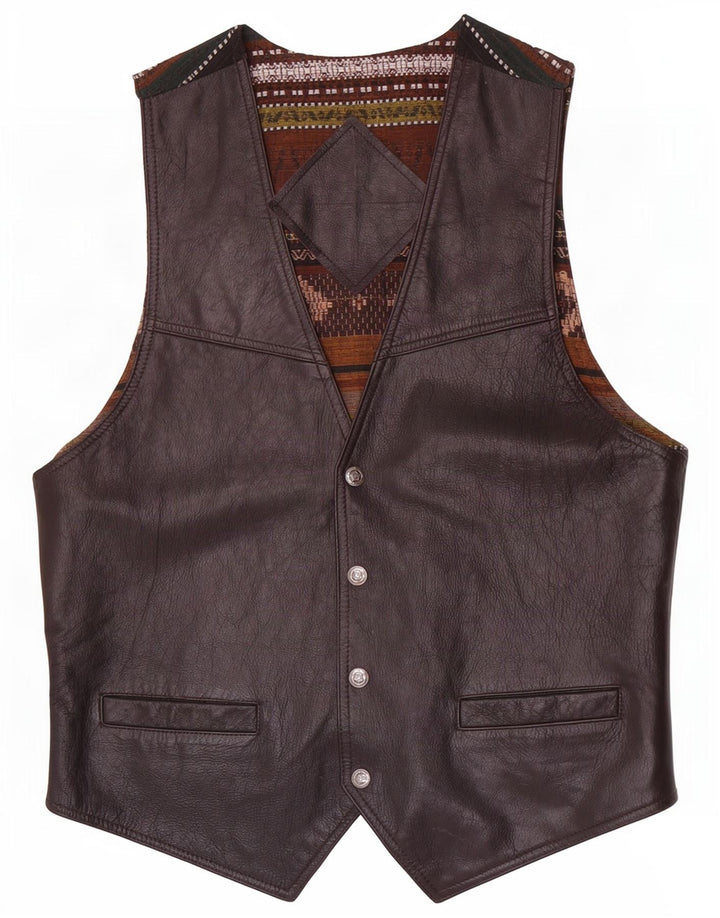 Vestă din piele vintage pentru bărbați, maro mediu, geometrică