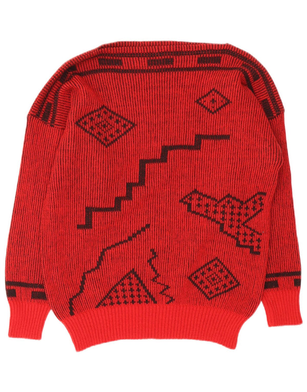 Pulover Vintage pentru damă cu gât de barcă IT 44 Lână geometrică roșie medie