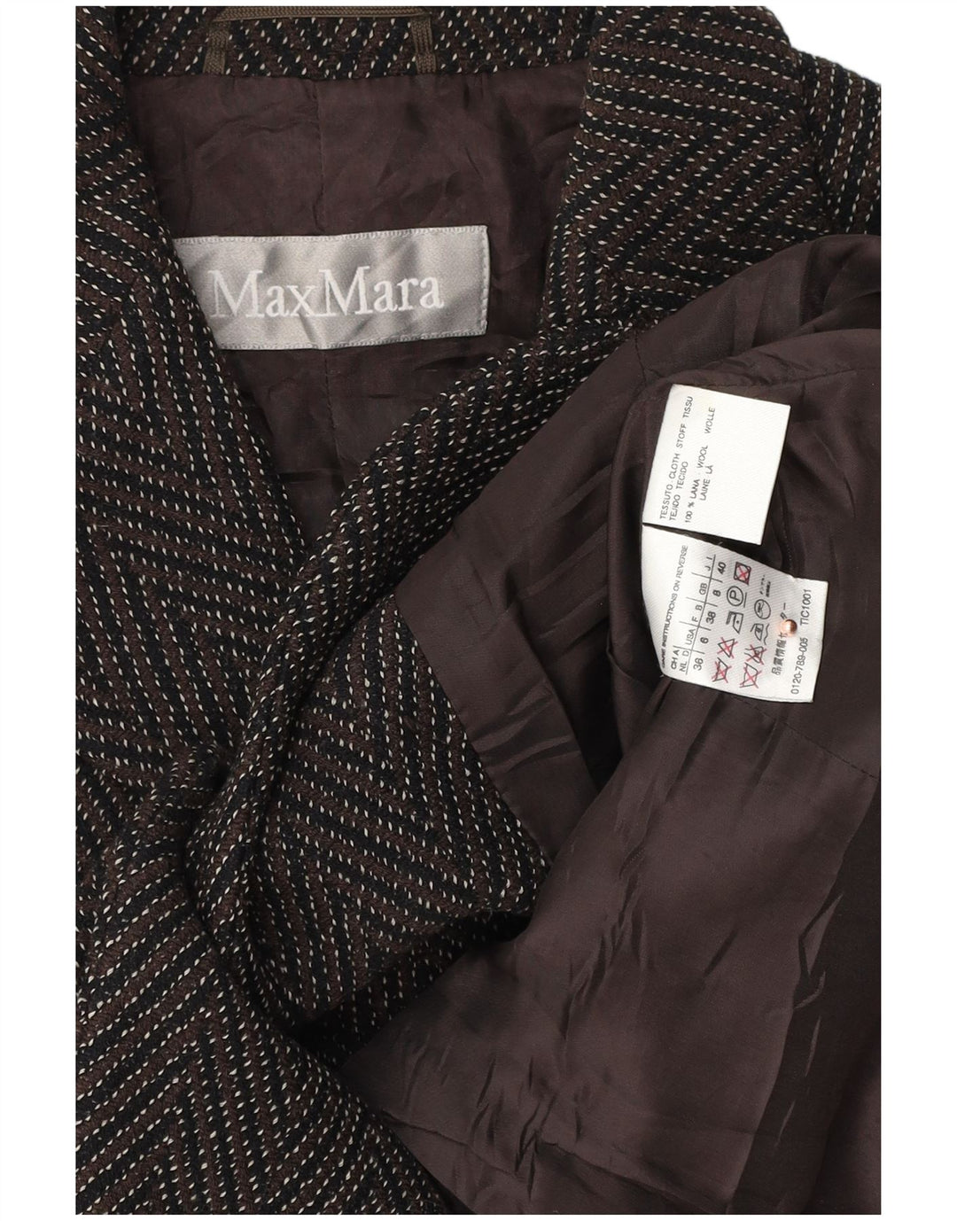 Blazer pentru femei Max Mara cu 3 nasturi, UK 8, lână chevron maro mică