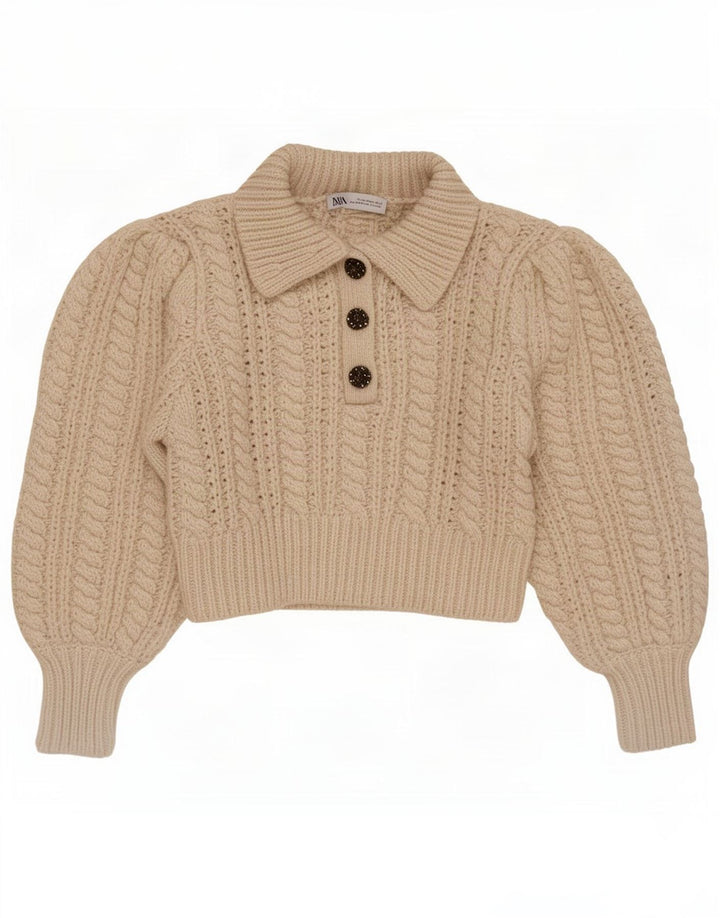 Pulover Pulover Crop Polo pentru Femei Zara UK 14 Medium Bej Poliester