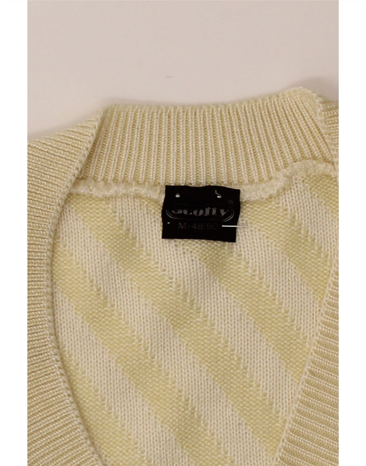 VINTAGE Mens V-Neck Jumper Sweater IT 48/50 Medium Beige Striped Vintage Vintage and Second-Hand Vintage from Messina Hembry 