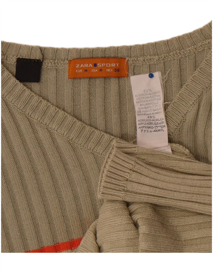 Pulover pentru bărbați Zara, cu decolteu în V, din bumbac color-bloc, bej mediu