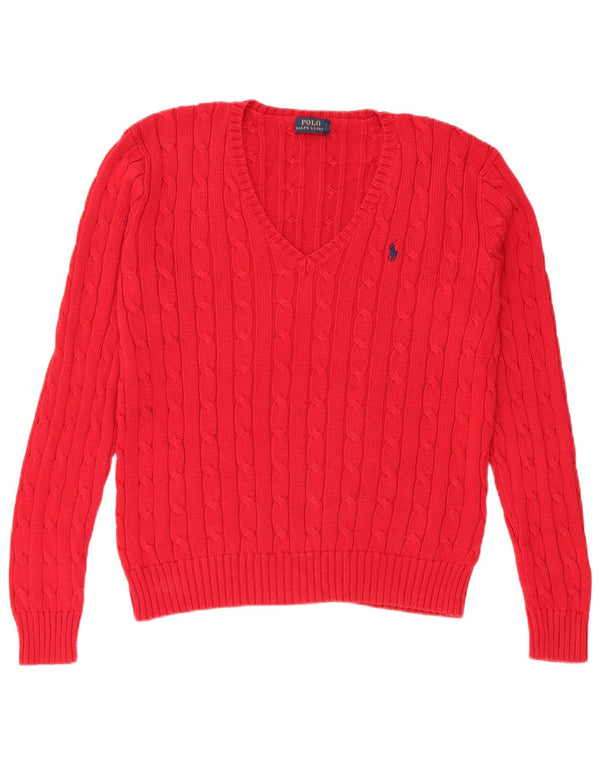 Pulover cu decolteu în V Polo Ralph Lauren pentru femei UK 14 Bumbac roșu mare