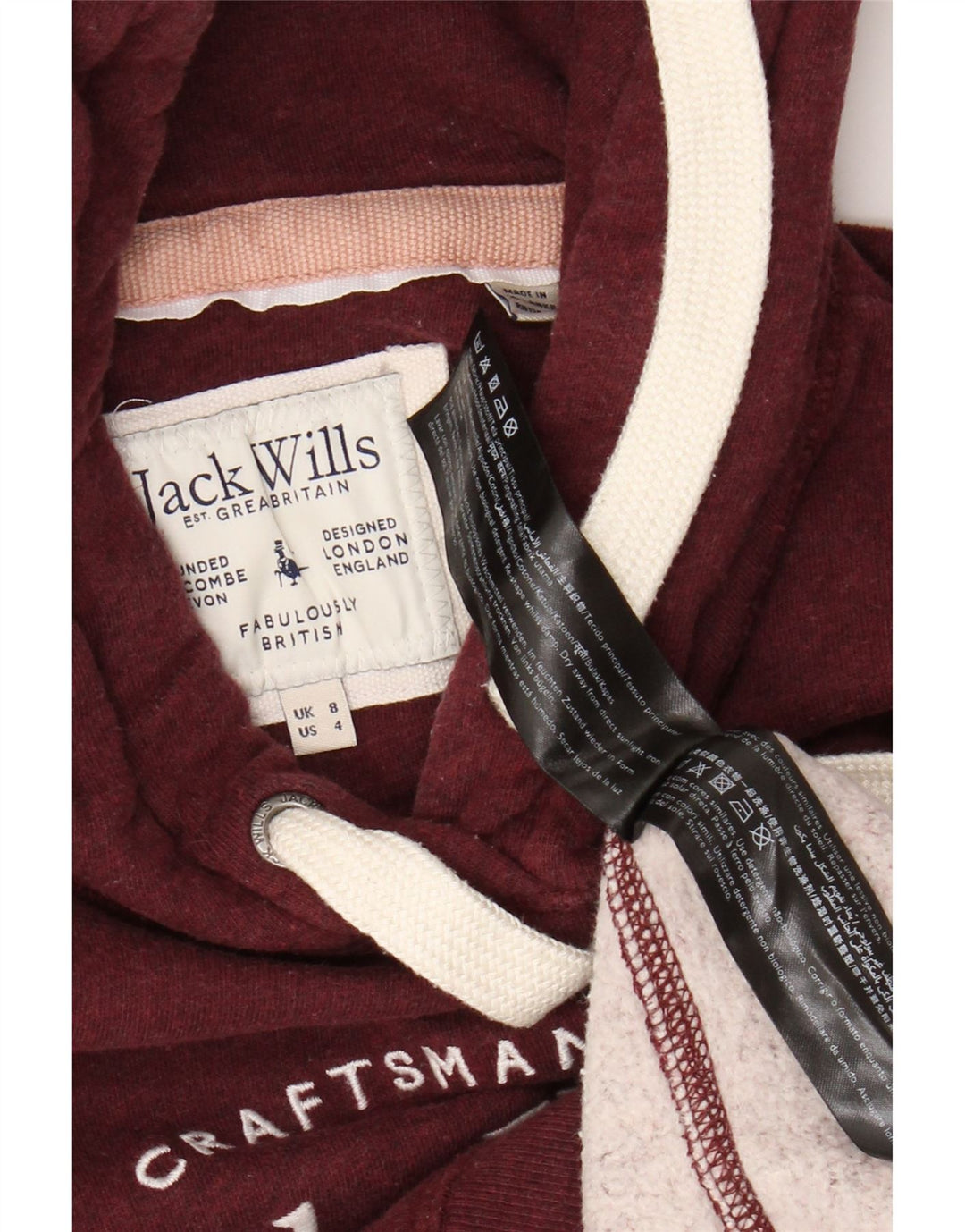 Jack Wills Pulover cu glugă cu grafic pentru femei UK 8 mic Bumbac burgundă
