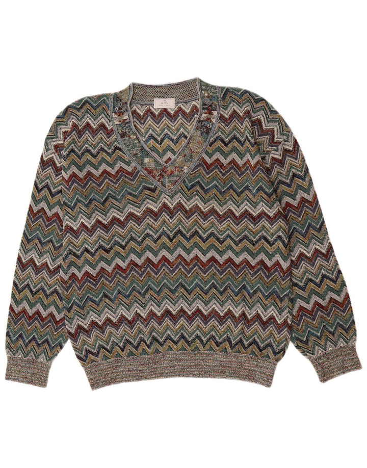 Pulover vintage pentru bărbați cu decolteu în V, mare, multicolor, chevron acrilic