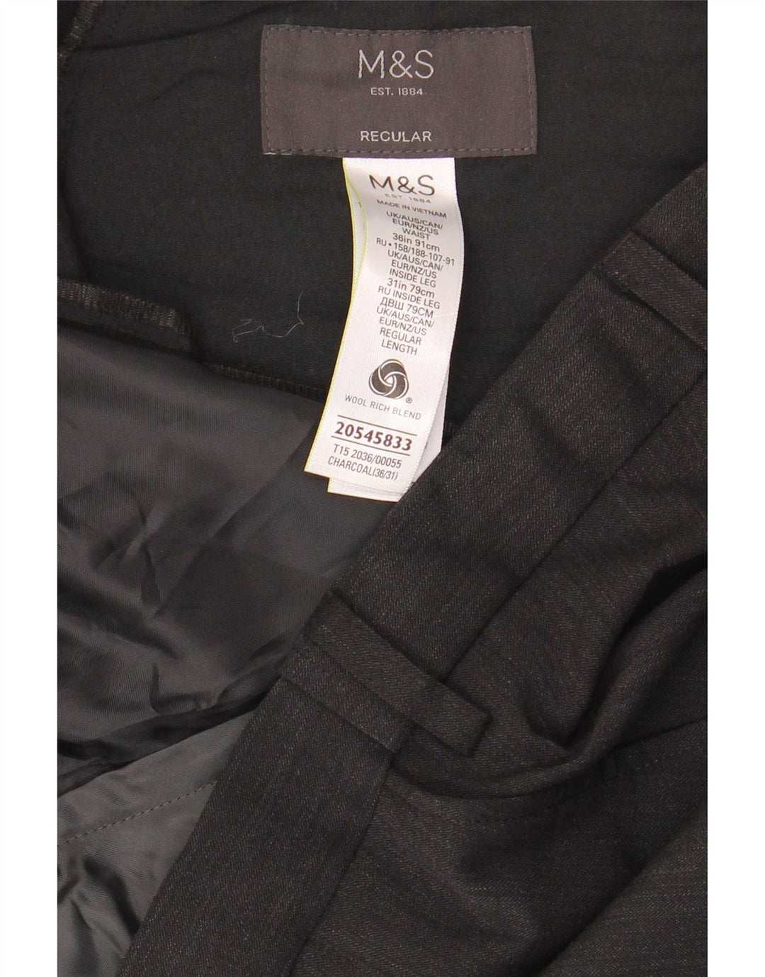 Pantaloni de costum pentru bărbați Marks & Spencer, cu tăiere obișnuită, L36 L31 Lână gri