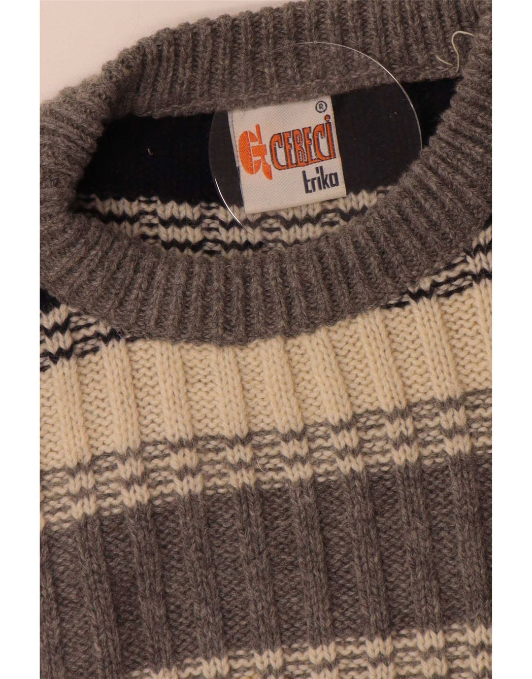 Pulover vintage pentru bărbați cu gât roșu, mare, cu dungi gri