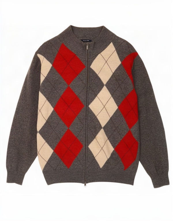 Pulover Massimo Dutti pentru bărbați, cu fermoar și gât, 2XL, gri Argyle/Lână diamant