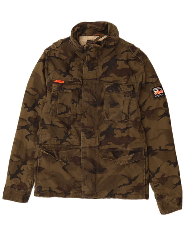 Jachetă militară cu glugă Superdry pentru bărbați UK 38, bumbac camuflaj mediu kaki