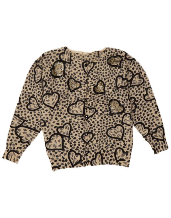 Pulover Cardigan Vintage pentru Damă UK 10 Mic Bej Animal Print Lambswool