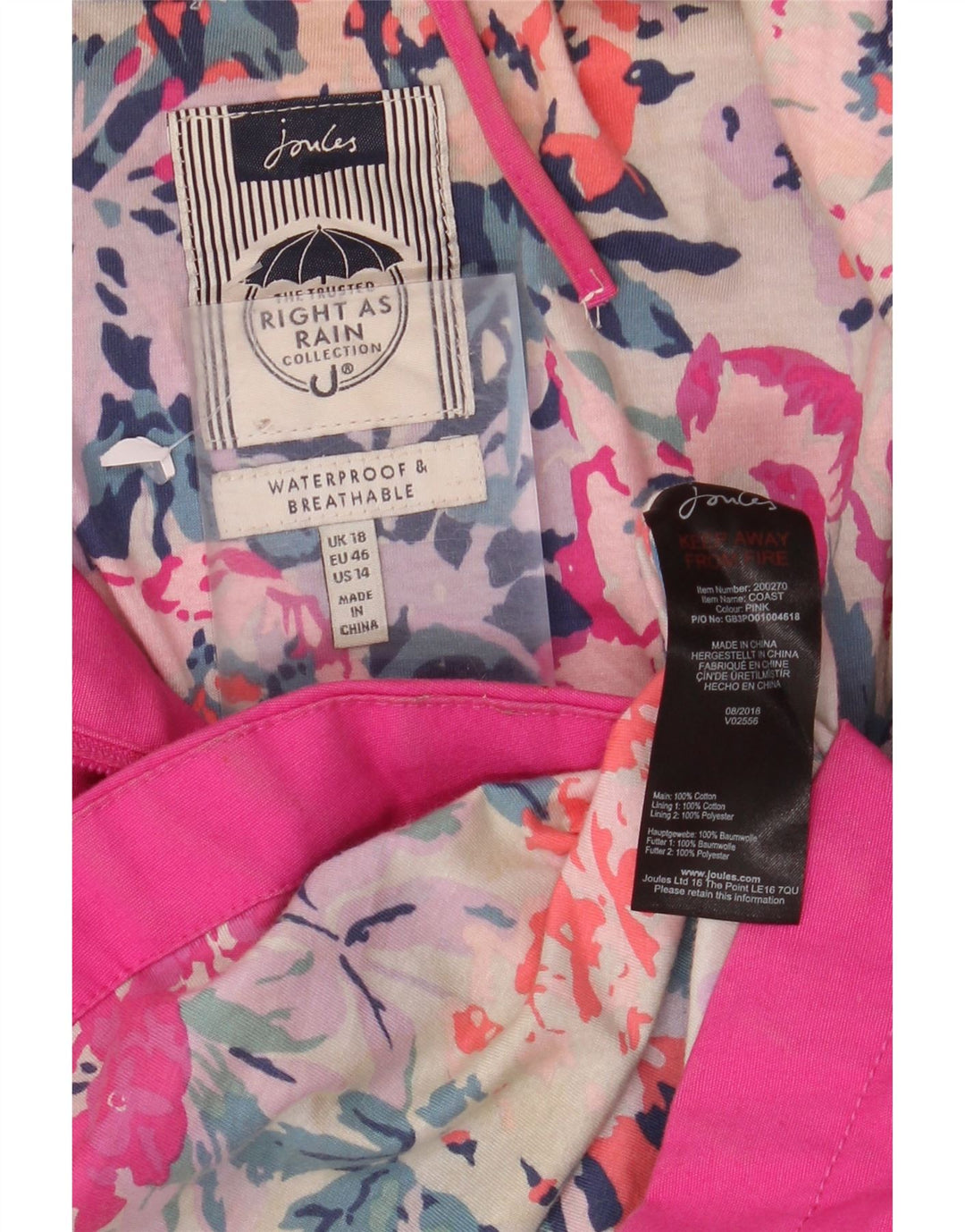 Jachetă de ploaie cu glugă pentru femei JOULES UK 18 XL bumbac roz