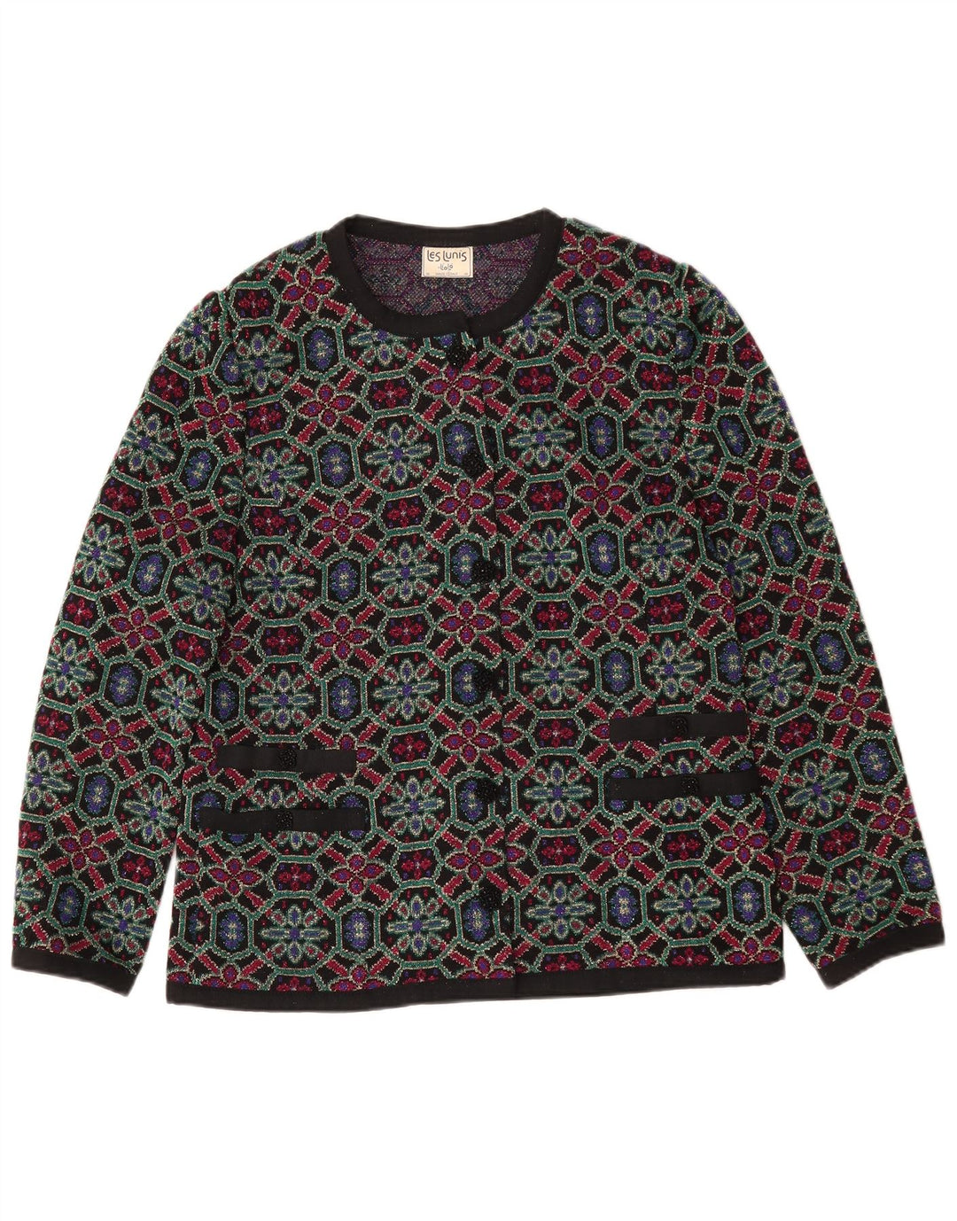 Pulover cardigan pentru femei Les Lunis IT 48 XL Lână geometrică multicoloră