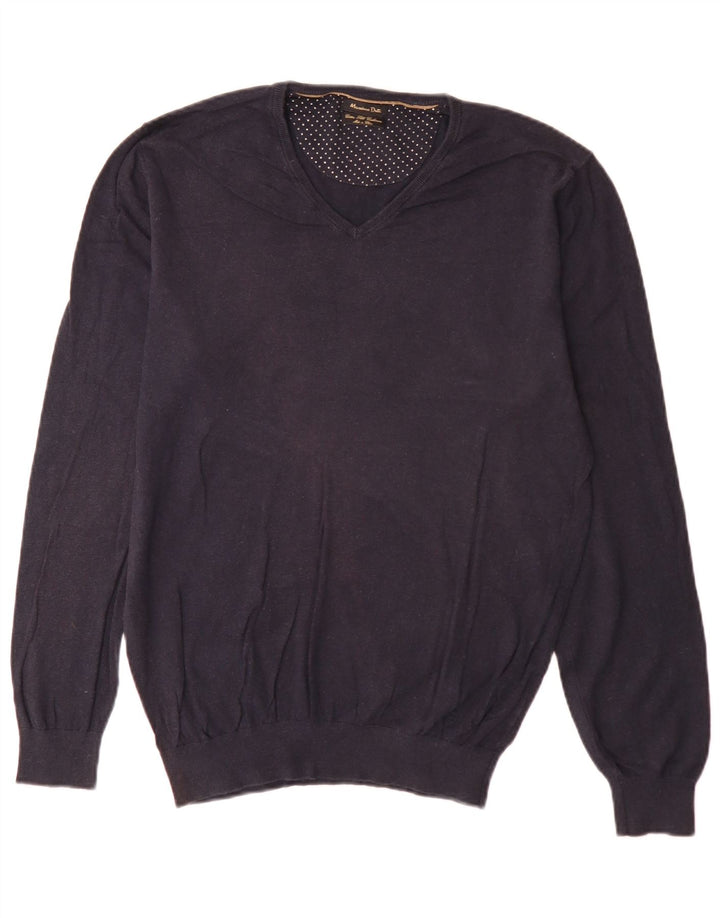 Massimo Dutti Pulover cu decolteu în V pentru bărbați, mare, albastru, bumbac