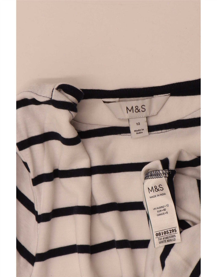 Marks & Spencer Womens Top 3/4 Sleeve UK 12 Medium White Striped Cotton
