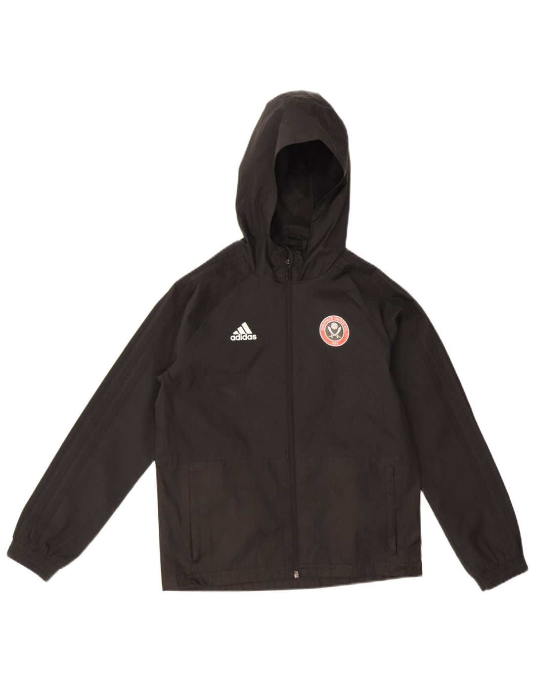 Jachetă de ploaie cu glugă Adidas pentru băieți 9-10 ani, poliester negru