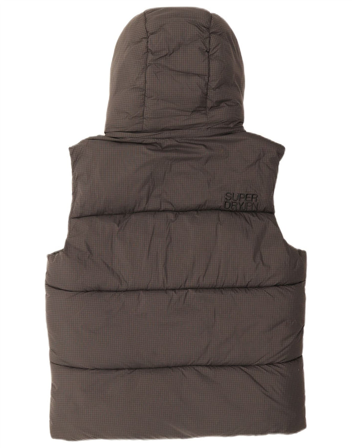 Gilet căptușit cu glugă pentru bărbați Superdry UK 38, nailon cu carouri, gri mediu