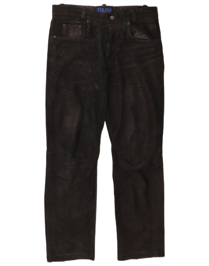 Pantaloni drepți din piele vintage pentru bărbați W37 L30 negri