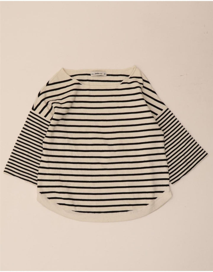 Top femeie Zara cu mâneci 3/4 UK 12 Medium White Striped Viscose Nautical