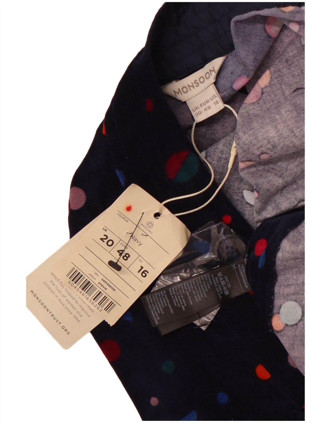 Fusta mini din catifea pentru femei MONSOON UK 20 2XL W40 Bumbac cu pete albastru bleumarin