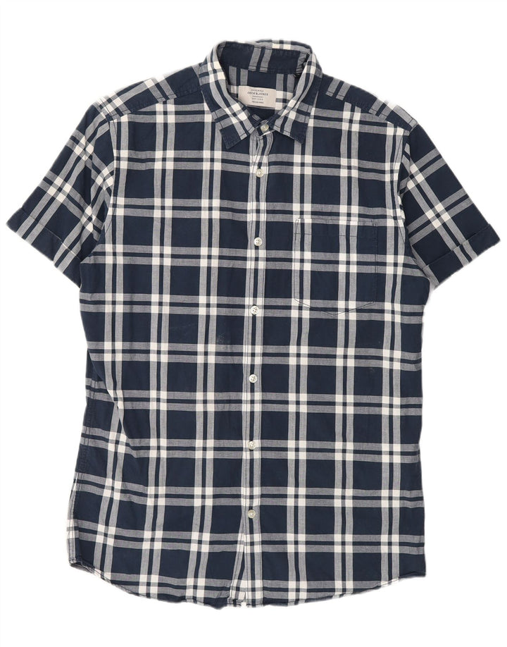 Cămașă Jack & Jones pentru bărbați cu mânecă scurtă, bumbac cu carouri, albastru bleumarin mediu