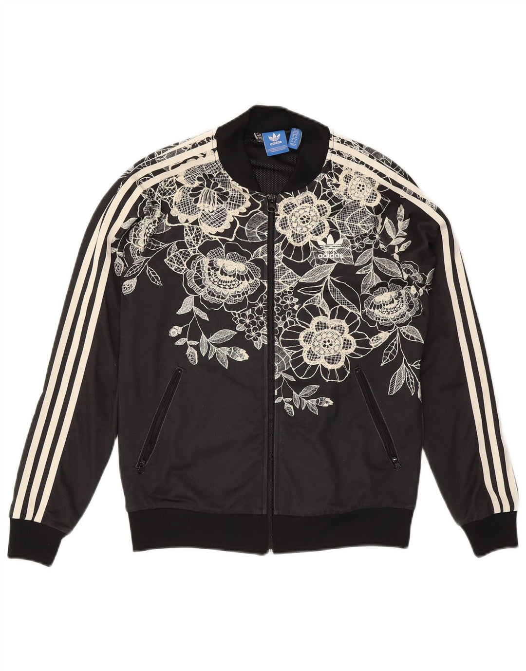 Jachetă de top pentru trening grafic Adidas pentru femei UK 10 Small Black Floral