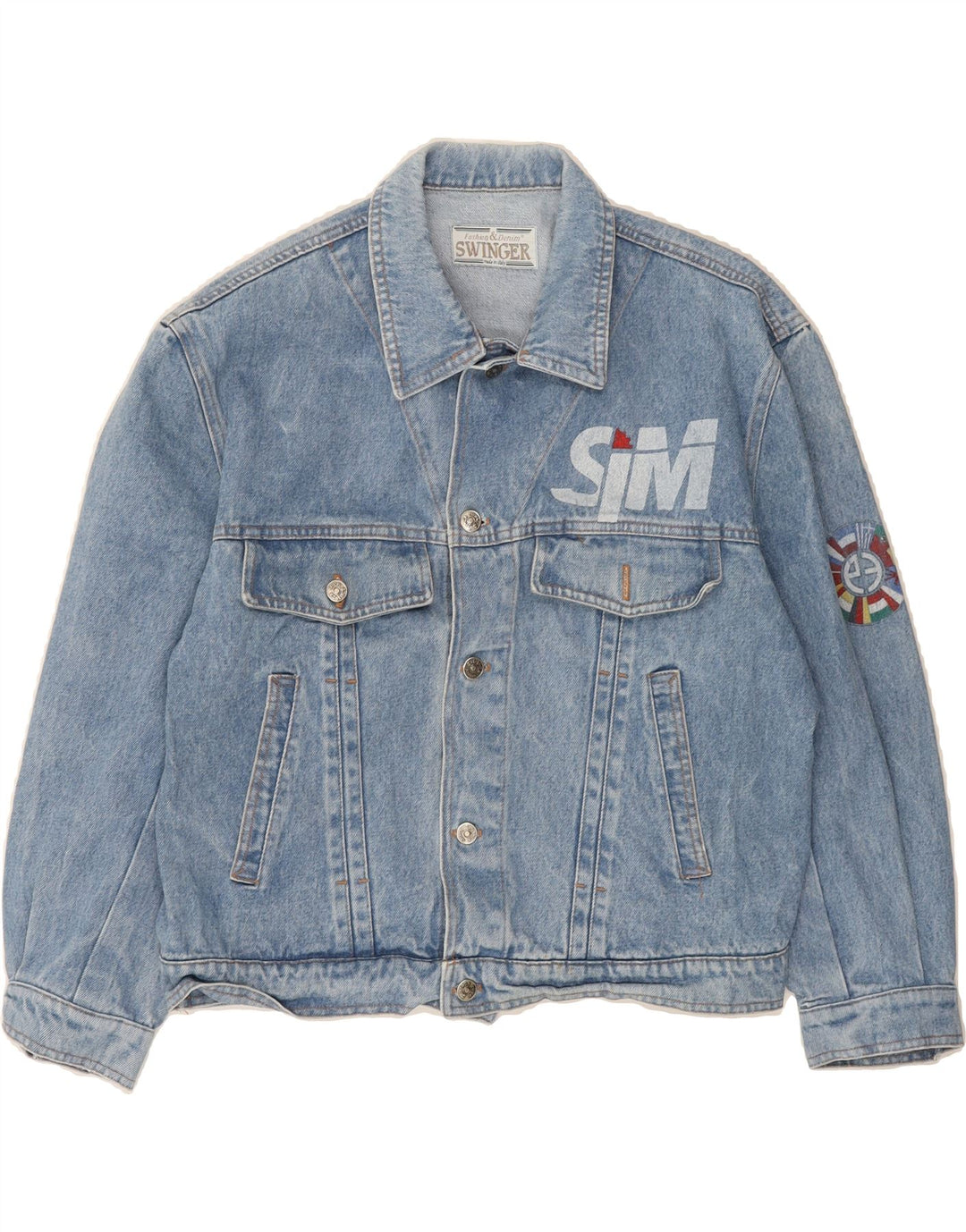 SWINGER Womens Graphic Denim Jacket UK 16 Large Blue Cotton Vintage Swinger and Second-Hand Swinger from Messina Hembry 