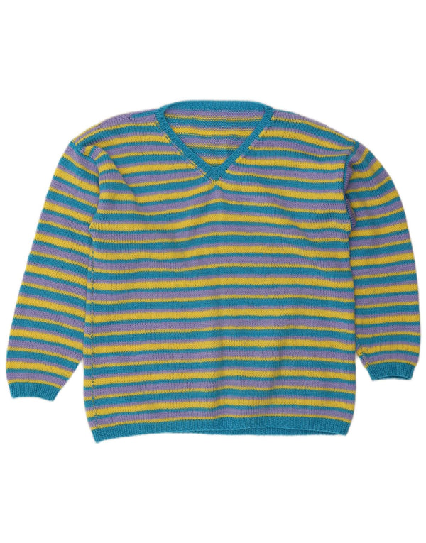 Pulover vintage pentru femei cu decolteu în V UK 16 mare cu dungi albastre