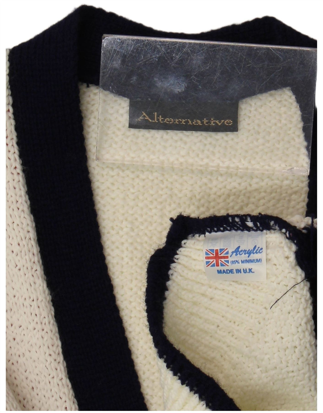 Pulover cardigan cu mânecă scurtă pentru femei VINTAGE UK 14, mare, alb, bloc de culoare