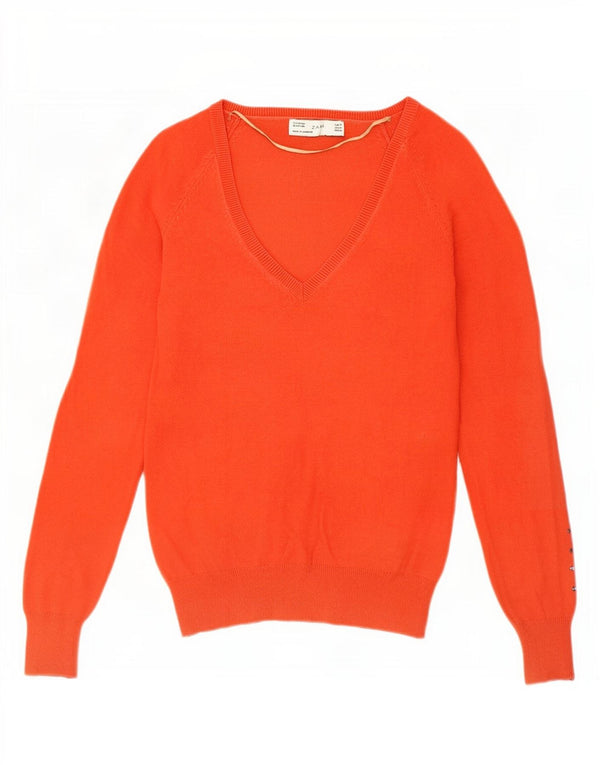 Pulover pentru femeie Zara cu decolteu în V UK 12 bumbac portocaliu mediu