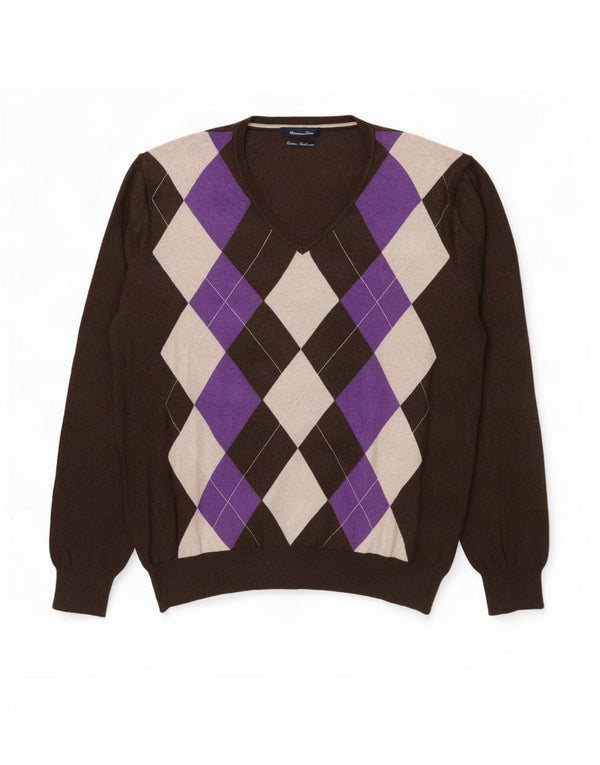 Massimo Dutti Pulover cu decolteu în V pentru bărbați, XL, maro, bumbac Argyle/Diamond